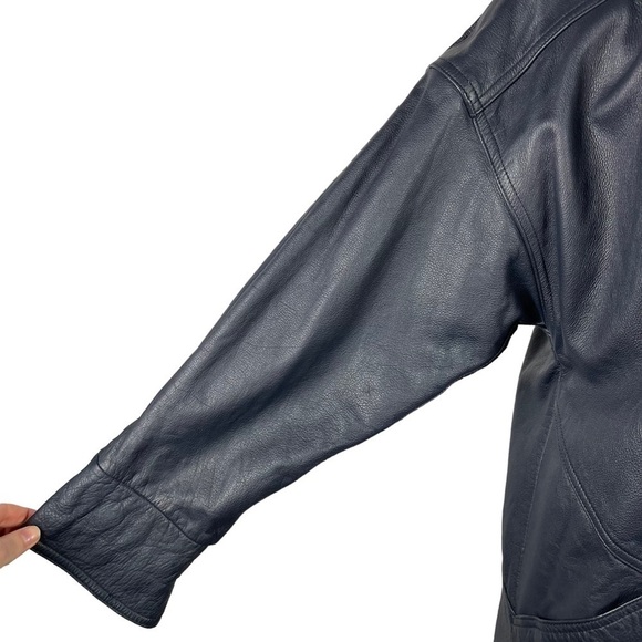 VINTAGE JACQUELINE FERRAR LEATHER NAVY BLUE OVERSIZED DROP SLEEVE 90S 80S JACKET - Picture 12 of 16